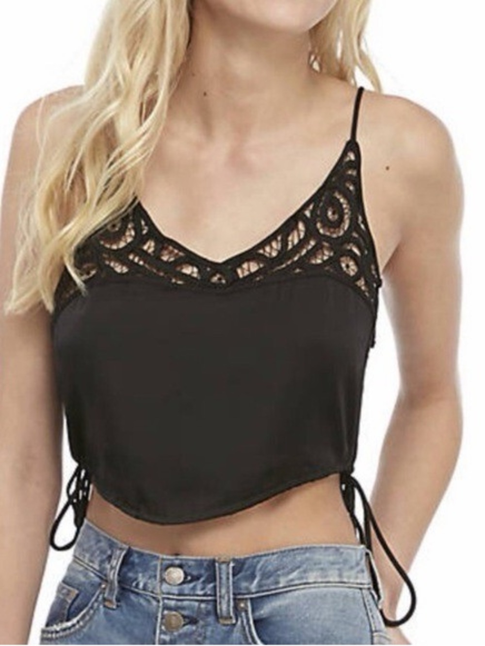 FREE PEOPLE NWT - Lace Trim Black Satin Cami Top - Women - Picture 2 of 7